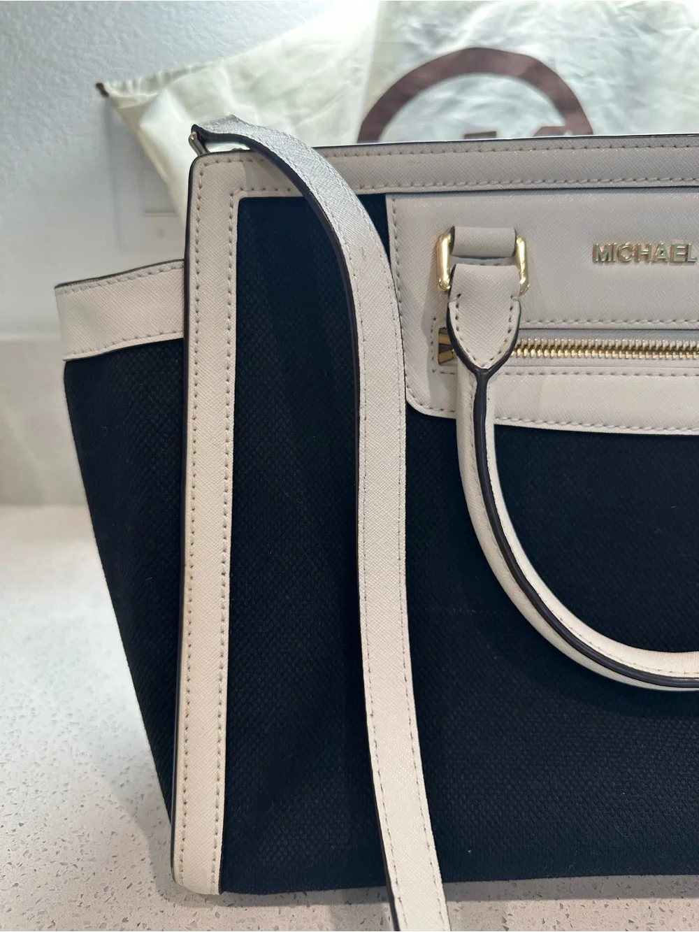 Michael Kors Black White Leather Satchel Crossbody Bag + Dust Bag
